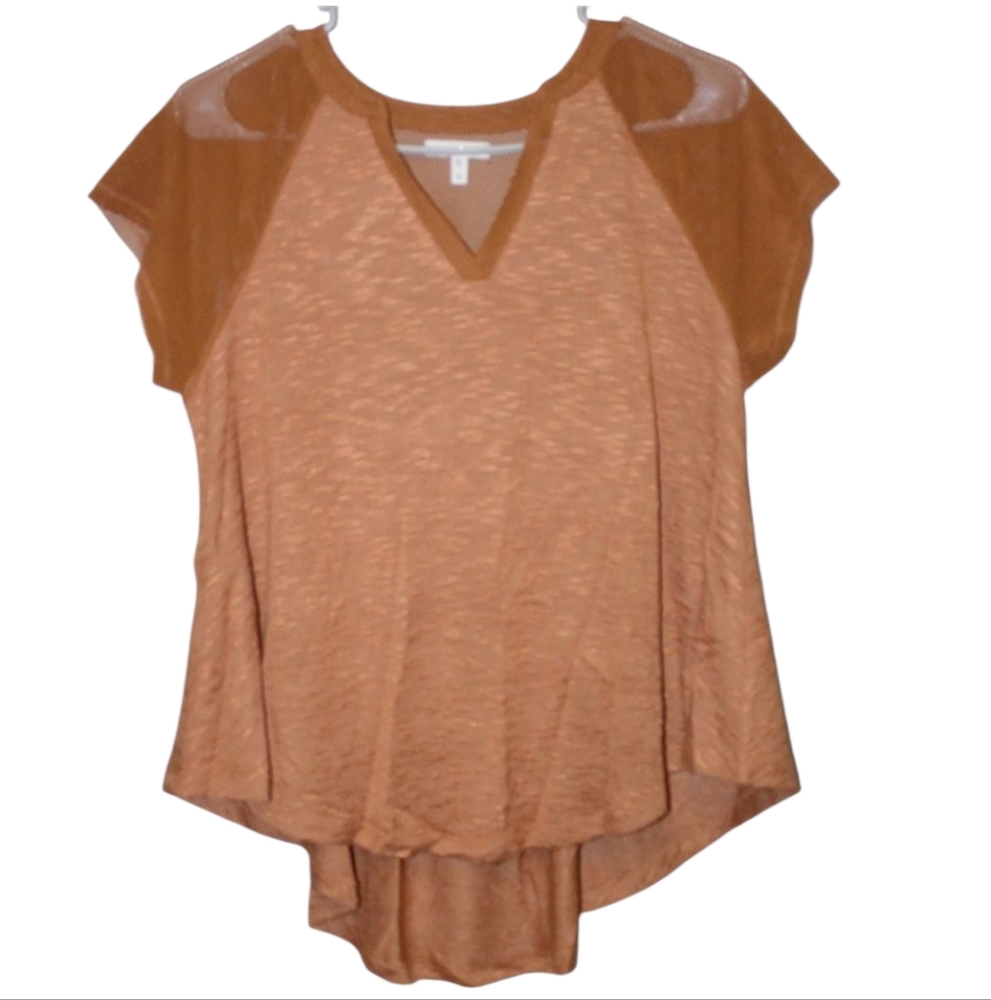 Maurices Asymmetrical Mesh Burnt Orange Cap Sleeve Tee